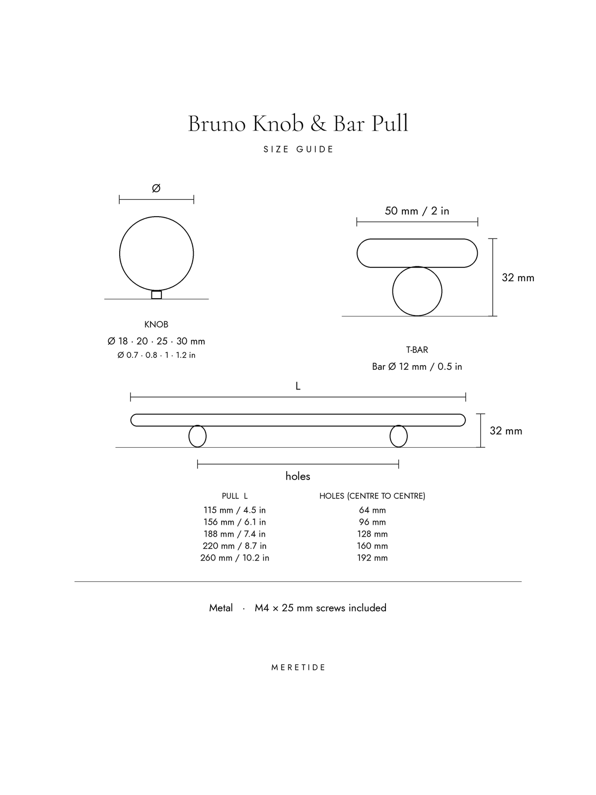 Bruno Knob & Bar Pull dimensions