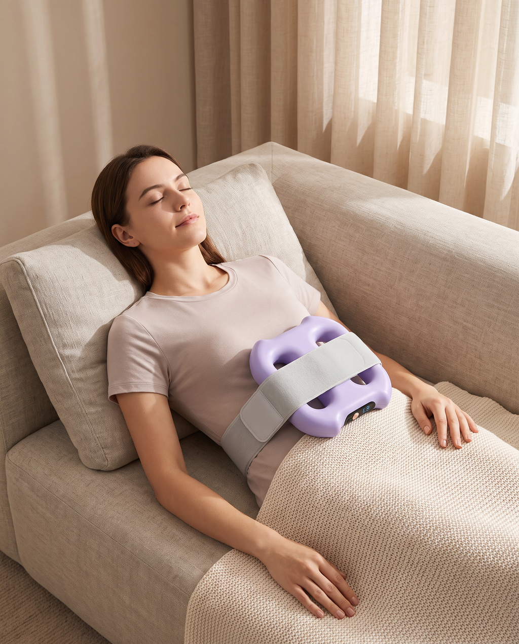 Woman resting on a sofa with the Unwind ring on her lower belly