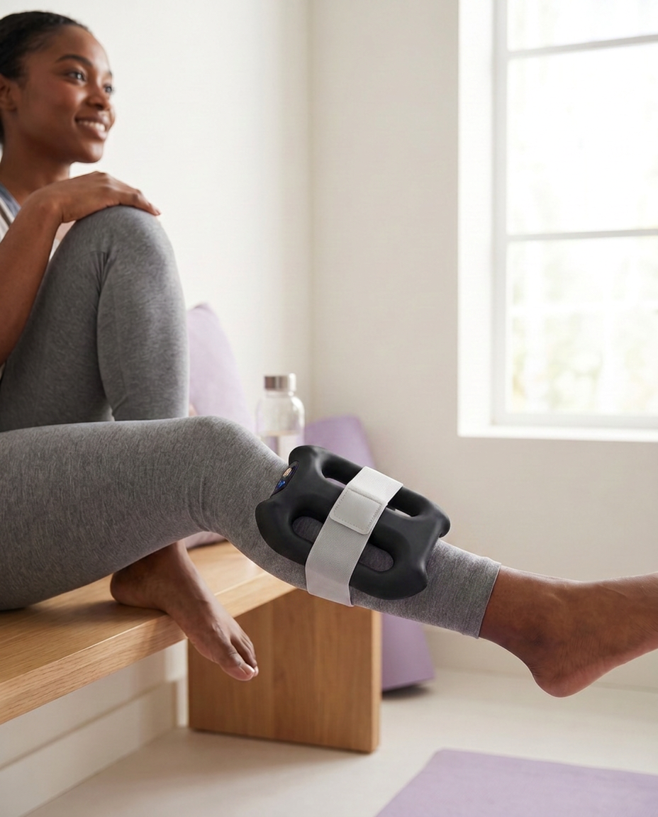 Black Unwind ring strapped to the calf after a workout