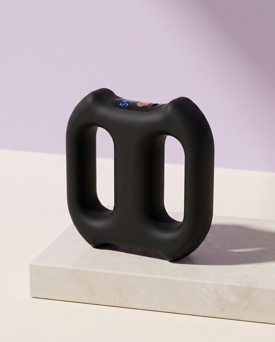 Unwind vibration ring in black on a stone plinth