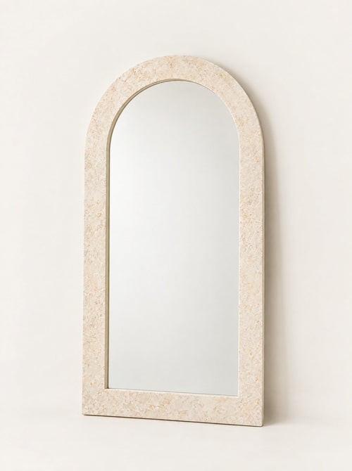 Arch Stone-Effect Floor Mirror, studio photo on a warm white background
