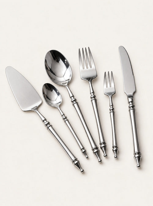 Baluster Steel Cutlery Set, studio photo on a warm white background