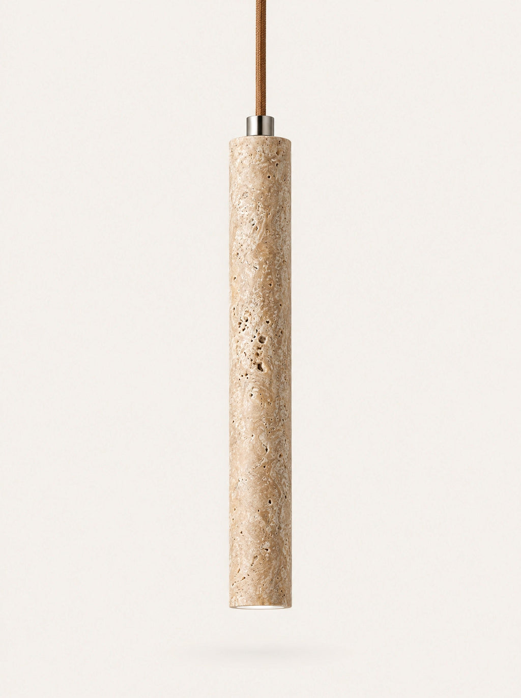 Flute Travertine Tube Pendant, studio photo on a warm white background