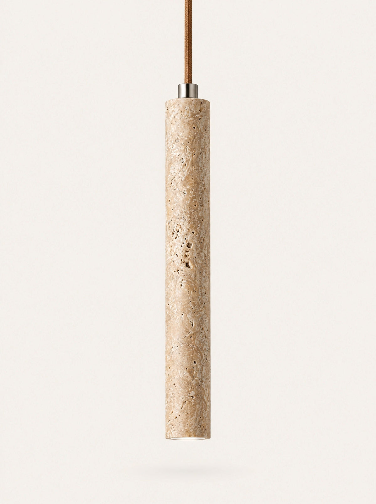 Flute Travertine Tube Pendant, studio photo on a warm white background