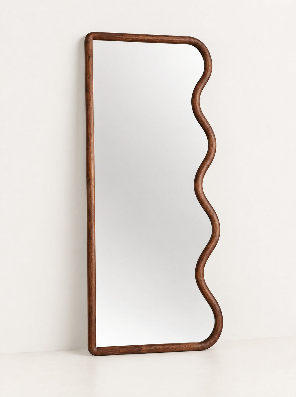 Meander Wood Floor Mirror, close-up studio photo on a warm white background