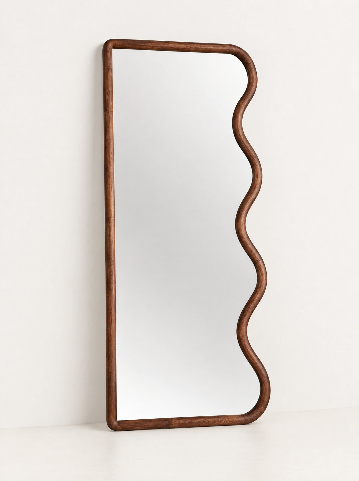 Meander Wood Floor Mirror, close-up studio photo on a warm white background