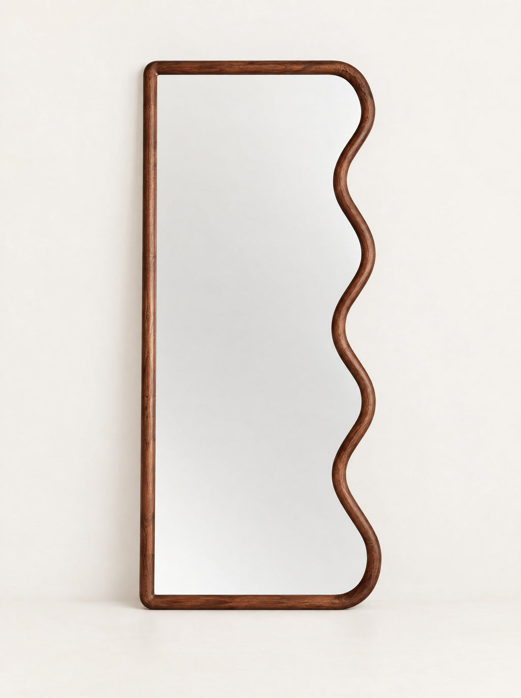 Meander Wood Floor Mirror, studio photo on a warm white background