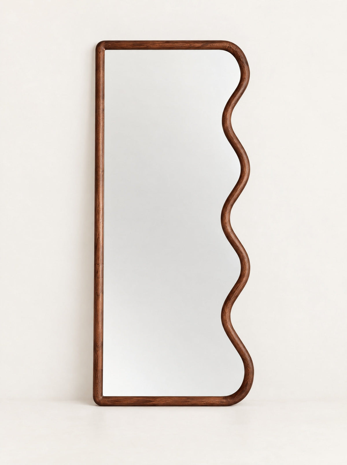 Meander Wood Floor Mirror, studio photo on a warm white background