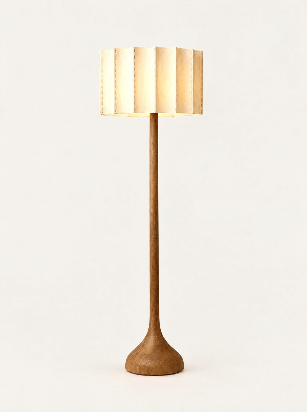 Scallop Wood Lamp switched on, studio photo on a warm white background
