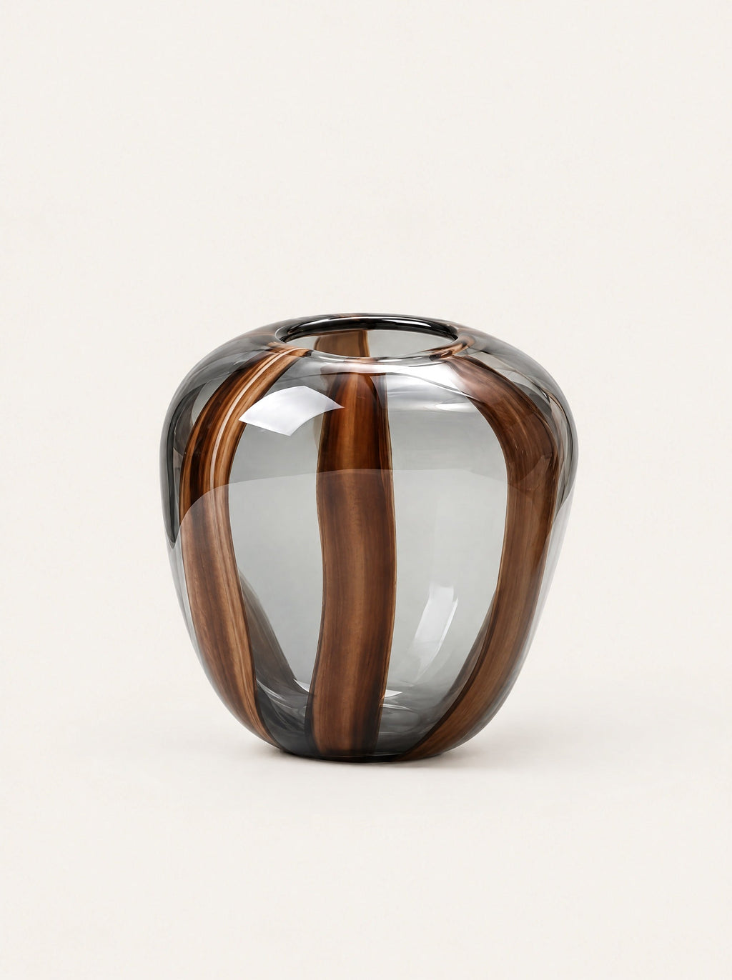 Smoke Striped Glass Vase, studio photo on a warm white background
