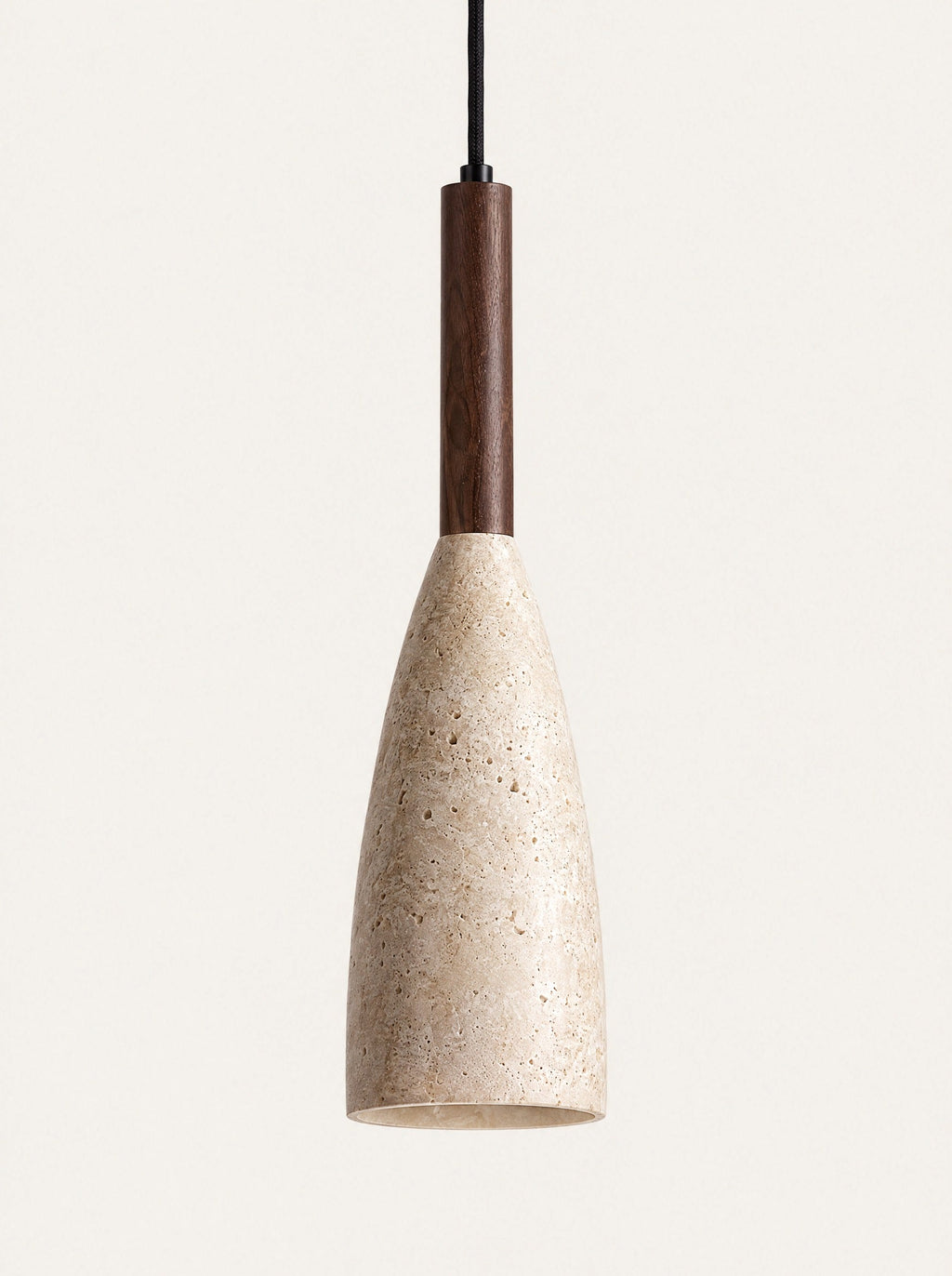 Spindle Travertine Pendant, studio photo on a warm white background